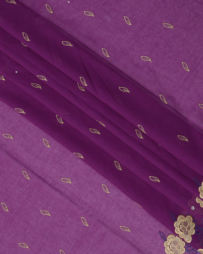 Purple Premium Swiss Cotton Voile Sudanese Thobe Fabric with Gold Embroidery and Stone Work, 4.5 Meters X 140 Cms-D21621