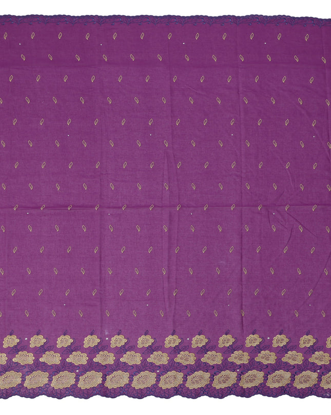 Purple Premium Swiss Cotton Voile Sudanese Thobe Fabric with Gold Embroidery and Stone Work, 4.5 Meters X 140 Cms-D21621