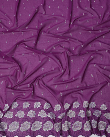 Plum Purple Premium Swiss Cotton Voile Sudanese Thobe Fabric with Silver Embroidery and Stone Work, 4.5 Meters X 140 Cms-D21622