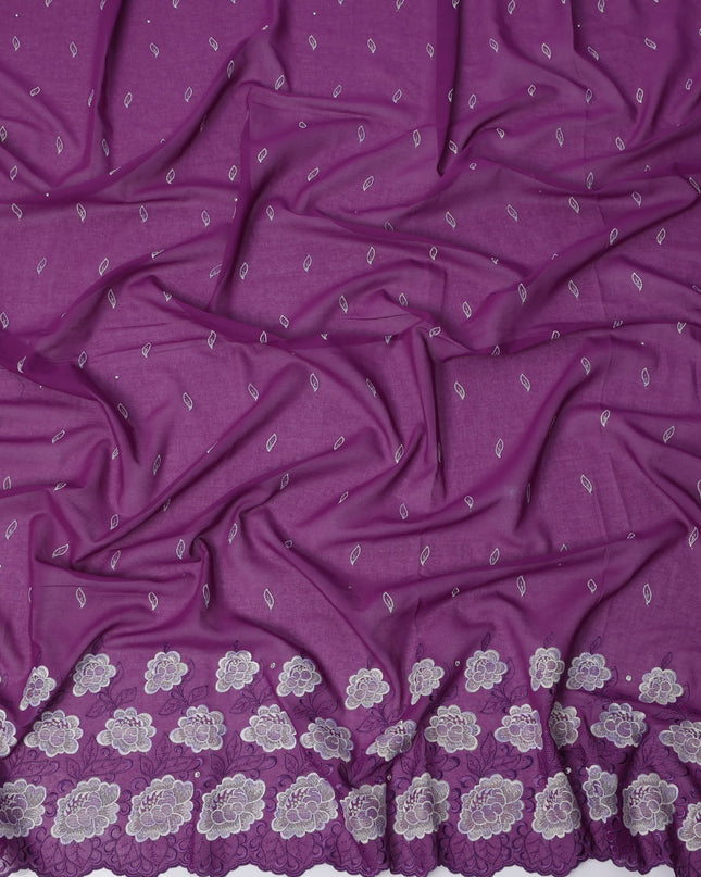 Plum Purple Premium Swiss Cotton Voile Sudanese Thobe Fabric with Silver Embroidery and Stone Work, 4.5 Meters X 140 Cms-D21622