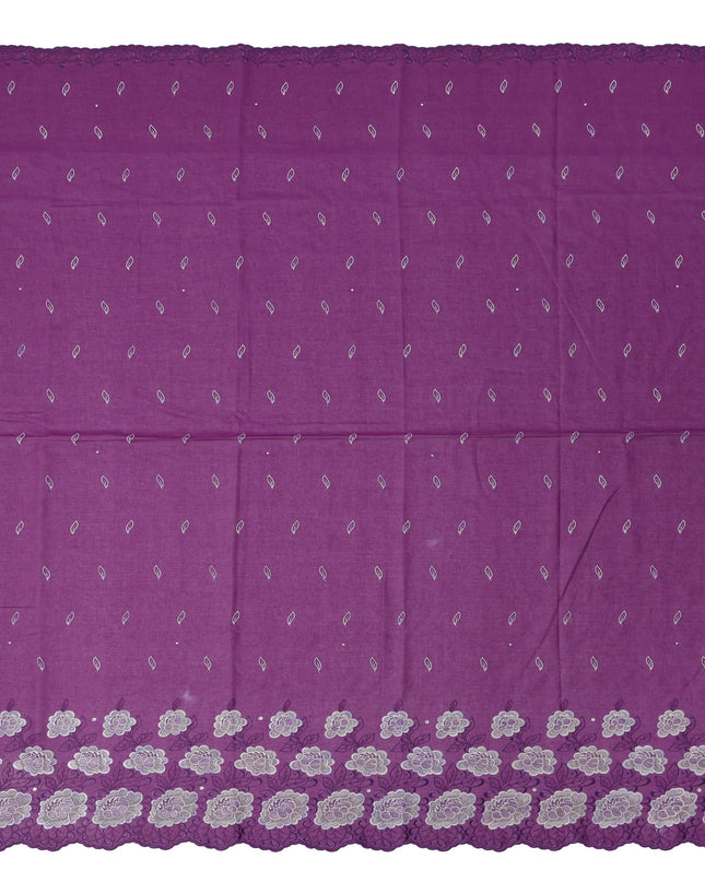 Plum Purple Premium Swiss Cotton Voile Sudanese Thobe Fabric with Silver Embroidery and Stone Work, 4.5 Meters X 140 Cms-D21622