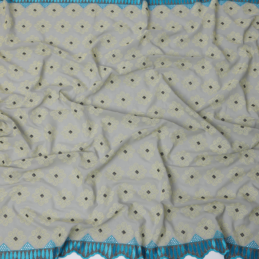 Grey Premium Swiss Cotton Voile Sudanese Thobe Fabric with Gold Embroidery and Blue Border, 4.5 Meters X 140 Cms-D21623