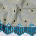 Grey Premium Swiss Cotton Voile Sudanese Thobe Fabric with Gold Embroidery and Blue Border, 4.5 Meters X 140 Cms-D21623