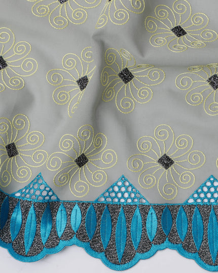 Grey Premium Swiss Cotton Voile Sudanese Thobe Fabric with Gold Embroidery and Blue Border, 4.5 Meters X 140 Cms-D21623