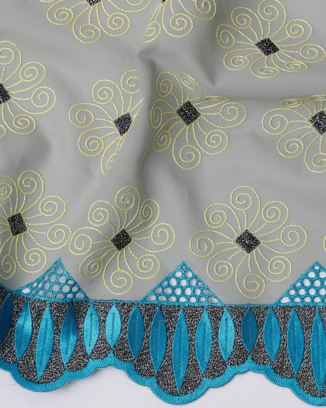 Grey Premium Swiss Cotton Voile Sudanese Thobe Fabric with Gold Embroidery and Blue Border, 4.5 Meters X 140 Cms-D21623