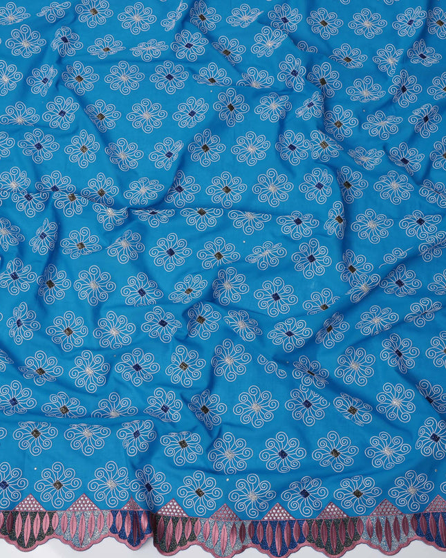 Blue Premium Swiss Cotton Voile Sudanese Thobe Fabric with White Embroidery and Pink Border, 4.5 Meters X 140 Cms-D21624