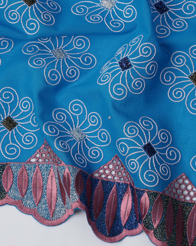 Blue Premium Swiss Cotton Voile Sudanese Thobe Fabric with White Embroidery and Pink Border, 4.5 Meters X 140 Cms-D21624