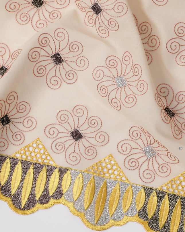 Cream Premium Swiss Cotton Voile Sudanese Thobe Fabric with Peach Embroidery and Yellow Border, 4.5 Meters X 140 Cms-D21625