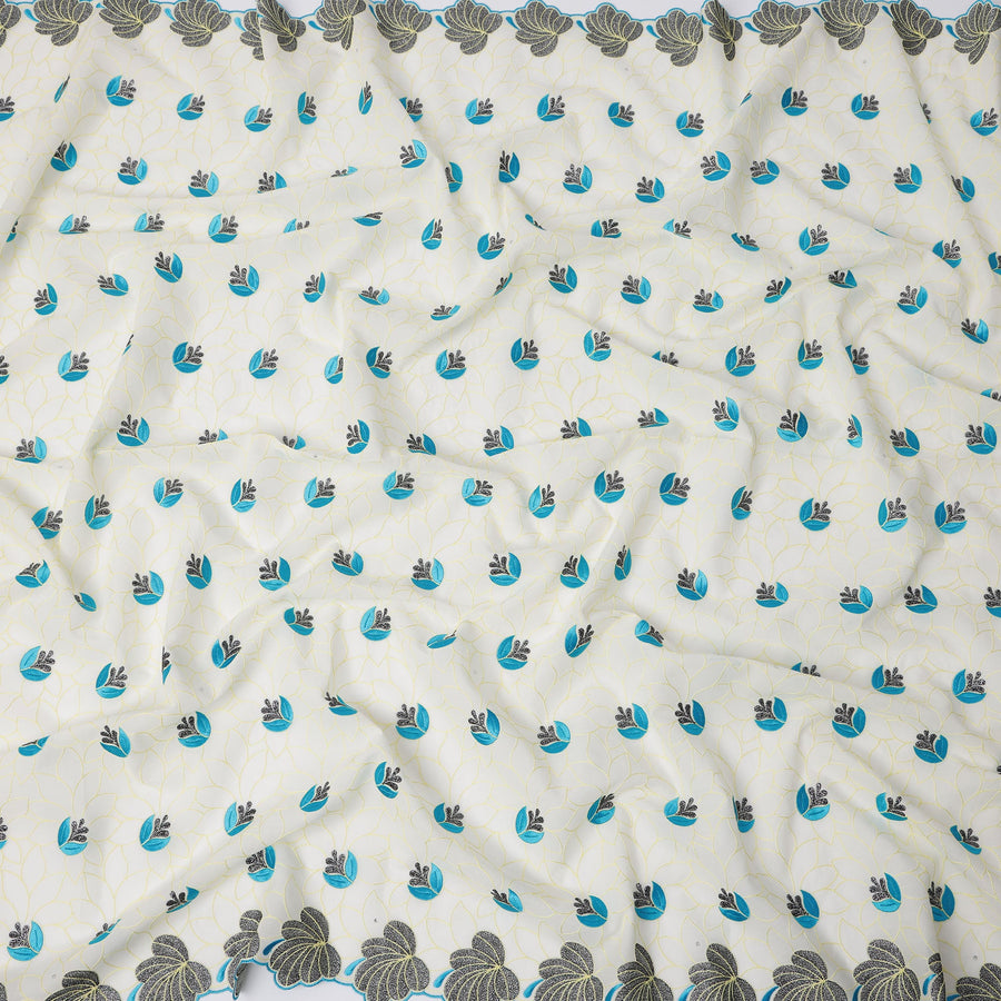 Off-White Premium Swiss Cotton Voile Sudanese Thobe Fabric with Blue Embroidery and Black Border, 4.5 Meters X 140 Cms-D21626