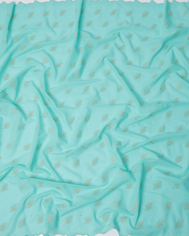 Mint Green Premium Swiss Cotton Voile Sudanese Thobe Fabric with Gold Embroidery, 4.5 Meters X 140 Cms-D21628