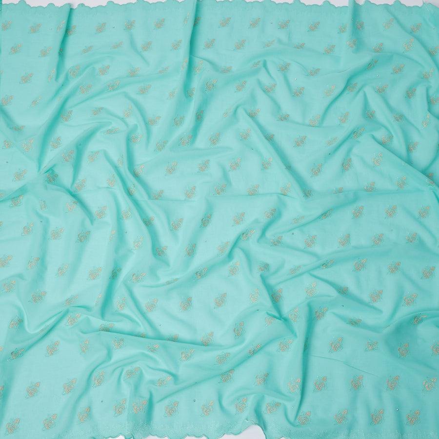 Mint Green Premium Swiss Cotton Voile Sudanese Thobe Fabric with Gold Embroidery, 4.5 Meters X 140 Cms-D21628