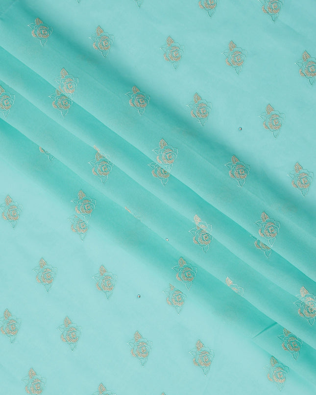 Mint Green Premium Swiss Cotton Voile Sudanese Thobe Fabric with Gold Embroidery, 4.5 Meters X 140 Cms-D21628