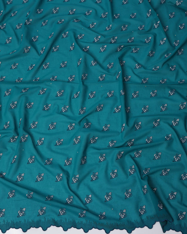 Teal Premium Swiss Cotton Voile Sudanese Thobe Fabric with Navy Blue Embroidery and Scalloped Border, 4.5 Meters X 140 Cms-D21629