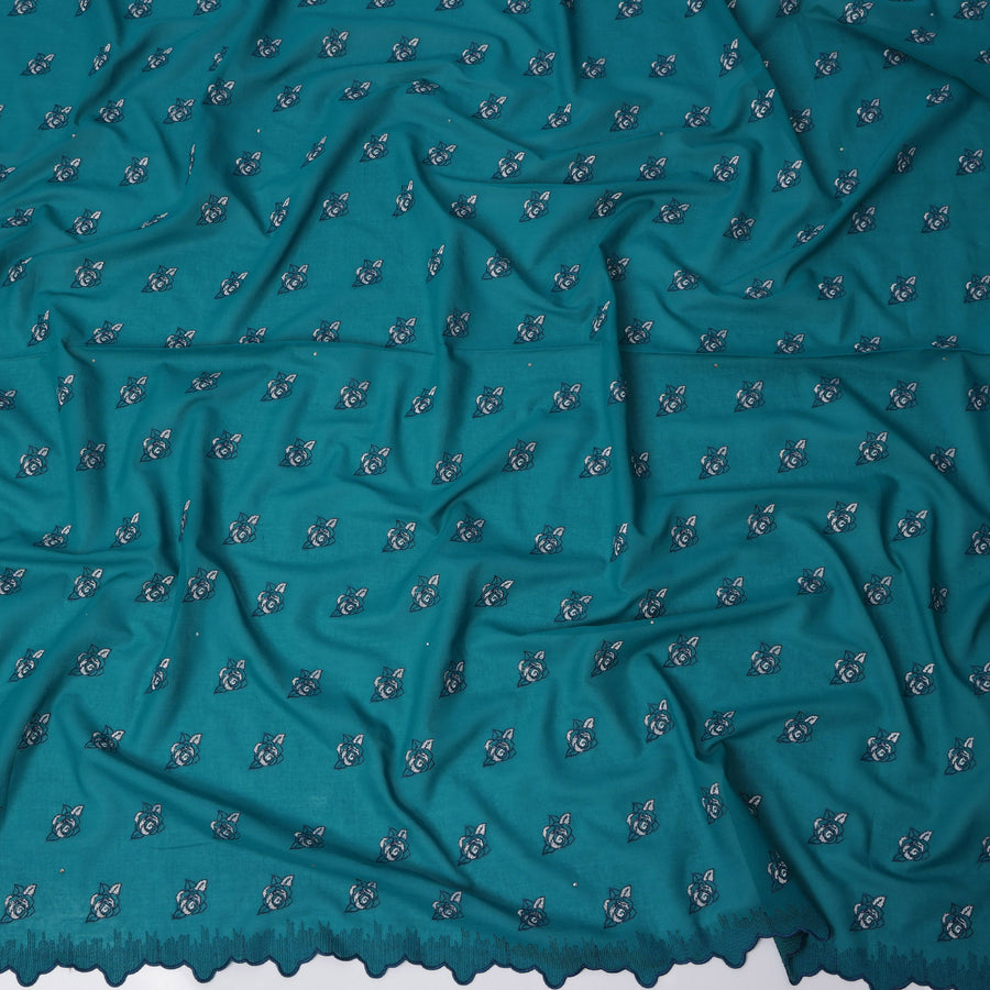 Teal Premium Swiss Cotton Voile Sudanese Thobe Fabric with Navy Blue Embroidery and Scalloped Border, 4.5 Meters X 140 Cms-D21629