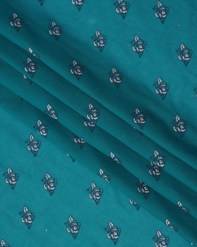 Teal Premium Swiss Cotton Voile Sudanese Thobe Fabric with Navy Blue Embroidery and Scalloped Border, 4.5 Meters X 140 Cms-D21629