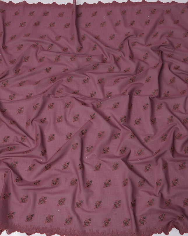 Dusty Rose Premium Swiss Cotton Voile Sudanese Thobe Fabric with Maroon Embroidery and Scalloped Border, 4.5 Meters X 140 Cms
-D21630