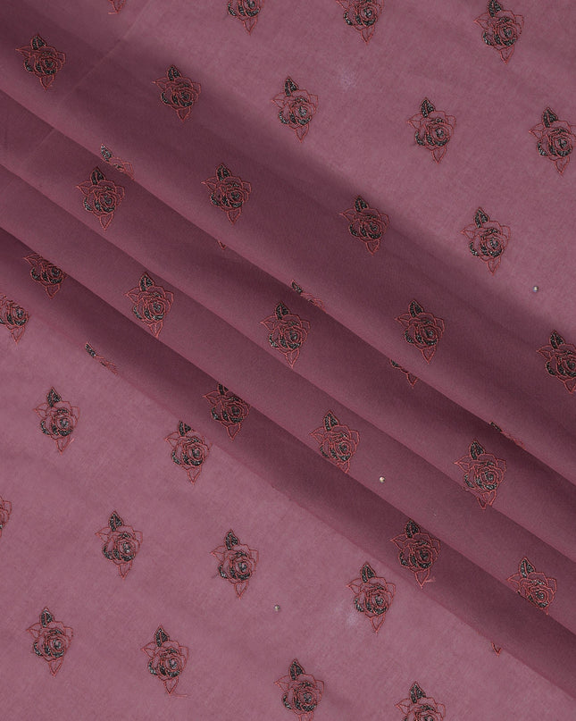 Dusty Rose Premium Swiss Cotton Voile Sudanese Thobe Fabric with Maroon Embroidery and Scalloped Border, 4.5 Meters X 140 Cms
-D21630