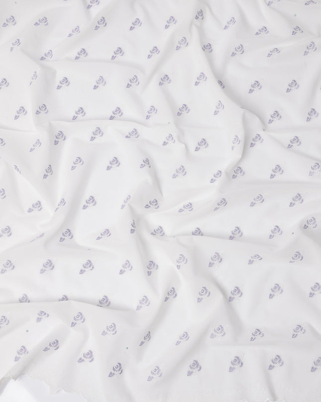 White Premium Swiss Cotton Voile Sudanese Thobe Fabric with Lavender Embroidery and Scalloped Border, 4.5 Meters X 140 Cms-D21631