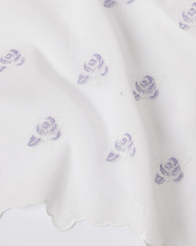 White Premium Swiss Cotton Voile Sudanese Thobe Fabric with Lavender Embroidery and Scalloped Border, 4.5 Meters X 140 Cms-D21631