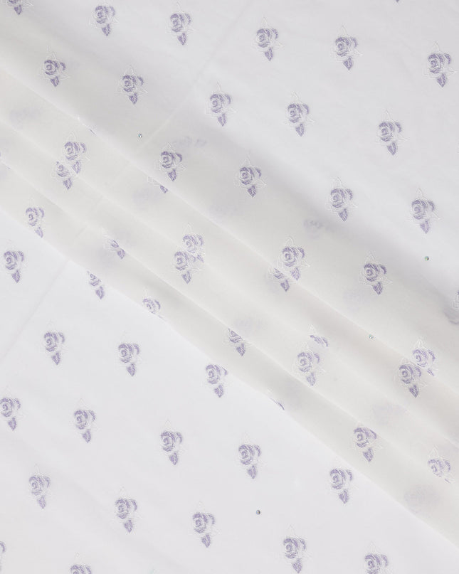 White Premium Swiss Cotton Voile Sudanese Thobe Fabric with Lavender Embroidery and Scalloped Border, 4.5 Meters X 140 Cms-D21631