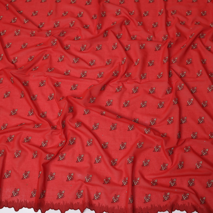 Red Premium Swiss Cotton Voile Sudanese Thobe Fabric with Maroon Embroidery and Scalloped Border, 4.5 Meters X 140 Cms-D21632