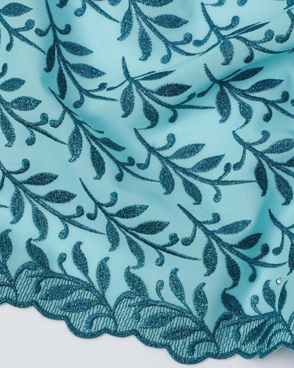 Sky Blue Premium Swiss Cotton Voile Sudanese Thobe Fabric with Navy Blue Embroidery, 4.5 Meters X 140 Cms-D21633