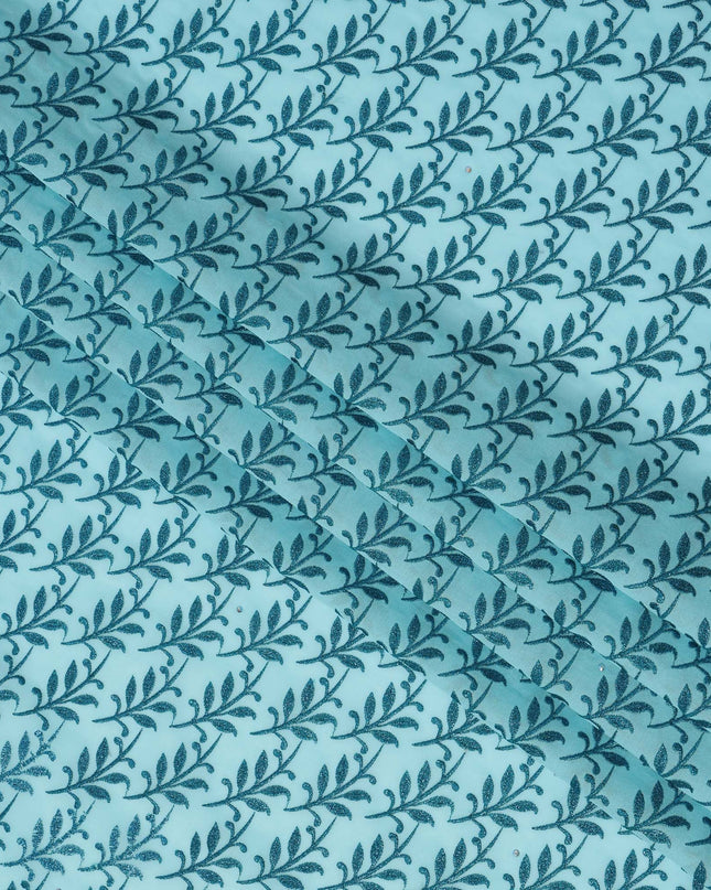 Sky Blue Premium Swiss Cotton Voile Sudanese Thobe Fabric with Navy Blue Embroidery, 4.5 Meters X 140 Cms-D21633