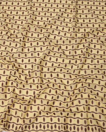 Yellow Premium Swiss Cotton Voile Sudanese Thobe Fabric with Brown Embroidery, 4.5 Meters X 140 Cms-D21634