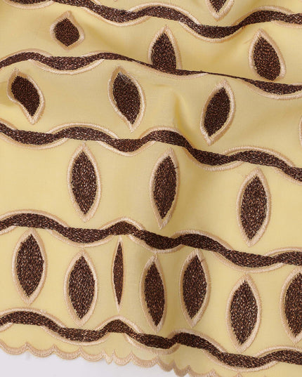 Yellow Premium Swiss Cotton Voile Sudanese Thobe Fabric with Brown Embroidery, 4.5 Meters X 140 Cms-D21634