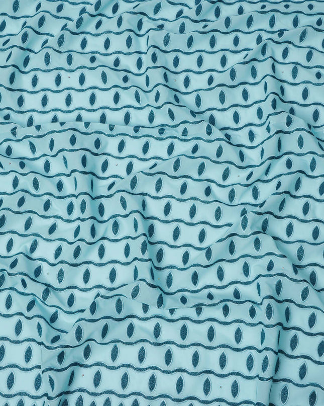 Light Blue Premium Swiss Cotton Voile Sudanese Thobe Fabric with Navy Blue Embroidery, 4.5 Meters X 140 Cms-D21635