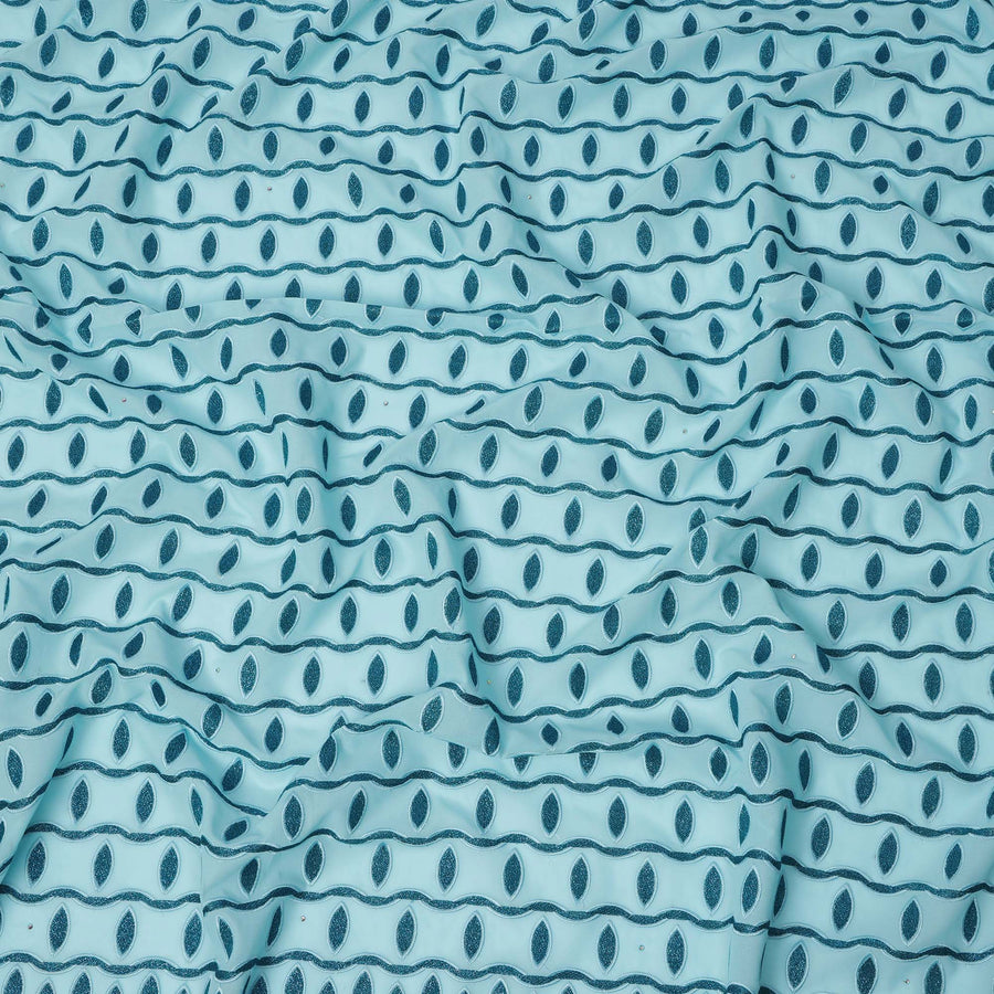 Light Blue Premium Swiss Cotton Voile Sudanese Thobe Fabric with Navy Blue Embroidery, 4.5 Meters X 140 Cms-D21635