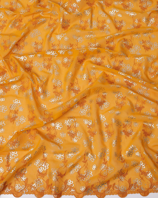 Mustard Yellow Premium Swiss Cotton Voile Sudanese Thobe Fabric with Orange Embroidery and Silver Accents, 4.5 Meters X 140 Cms-D21636