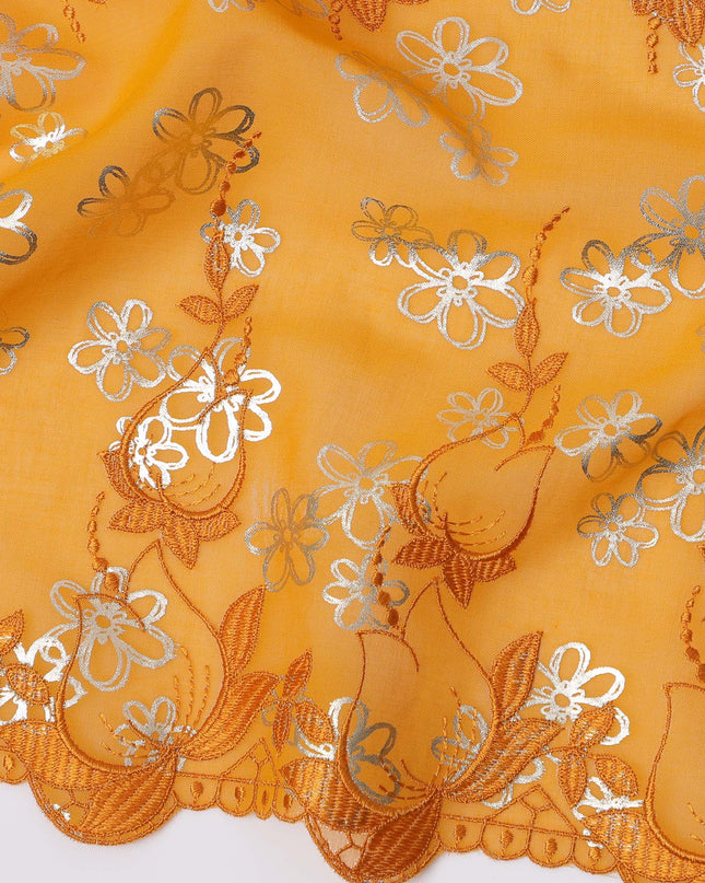 Mustard Yellow Premium Swiss Cotton Voile Sudanese Thobe Fabric with Orange Embroidery and Silver Accents, 4.5 Meters X 140 Cms-D21636