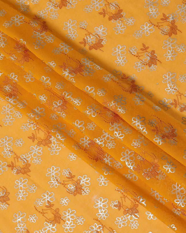 Mustard Yellow Premium Swiss Cotton Voile Sudanese Thobe Fabric with Orange Embroidery and Silver Accents, 4.5 Meters X 140 Cms-D21636