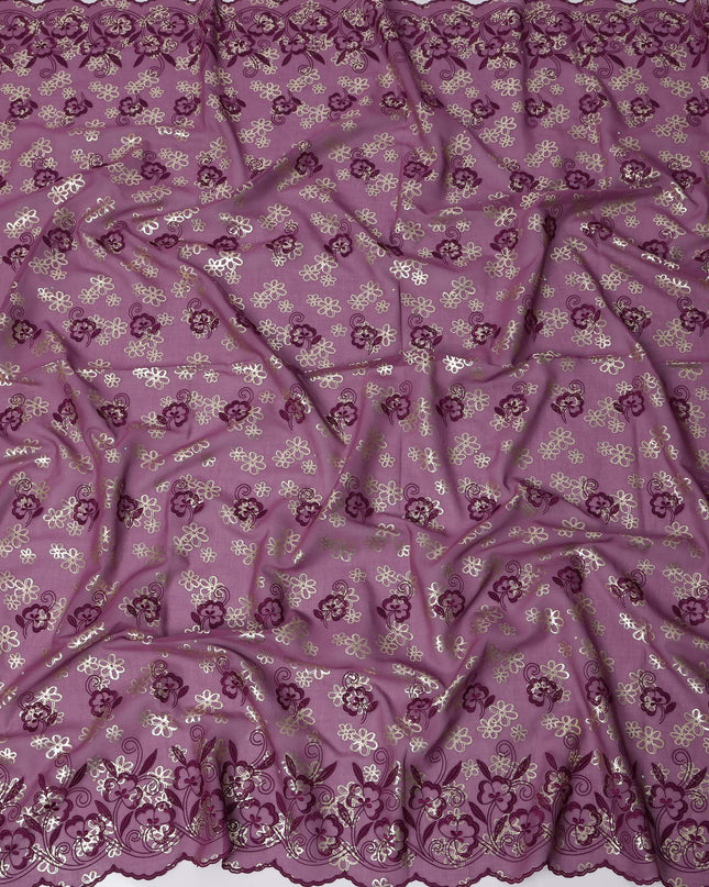 Mauve Premium Swiss Cotton Voile Sudanese Thobe Fabric with Maroon Embroidery and Silver Accents, 4.5 Meters X 140 Cms-D21637