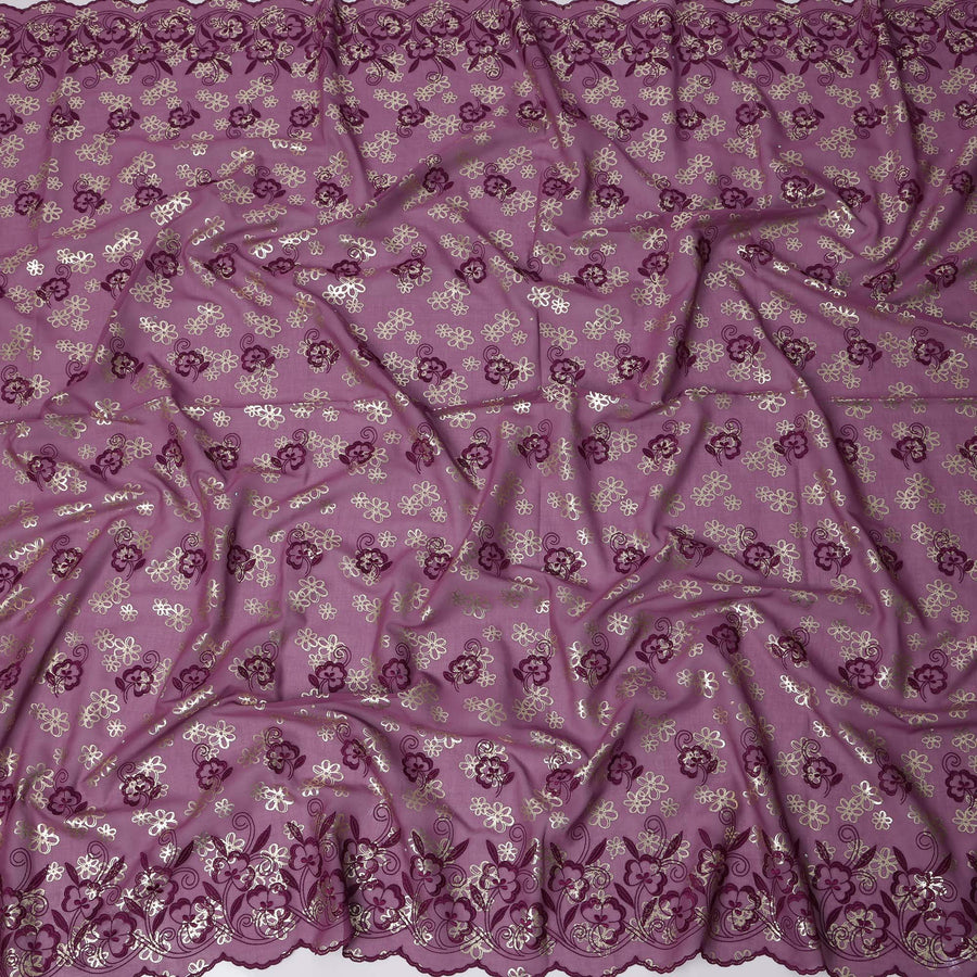 Mauve Premium Swiss Cotton Voile Sudanese Thobe Fabric with Maroon Embroidery and Silver Accents, 4.5 Meters X 140 Cms-D21637