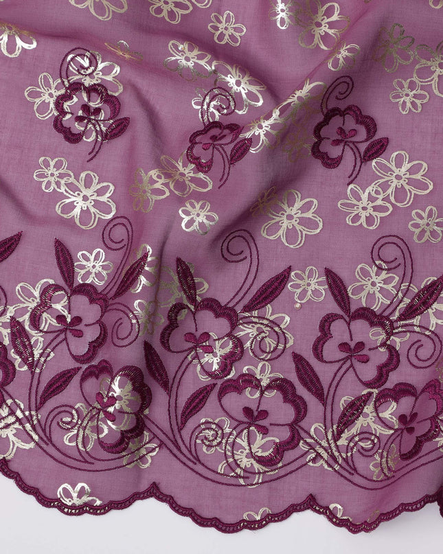 Mauve Premium Swiss Cotton Voile Sudanese Thobe Fabric with Maroon Embroidery and Silver Accents, 4.5 Meters X 140 Cms-D21637