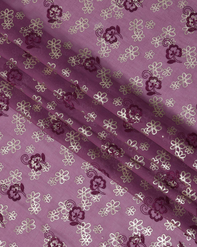 Mauve Premium Swiss Cotton Voile Sudanese Thobe Fabric with Maroon Embroidery and Silver Accents, 4.5 Meters X 140 Cms-D21637