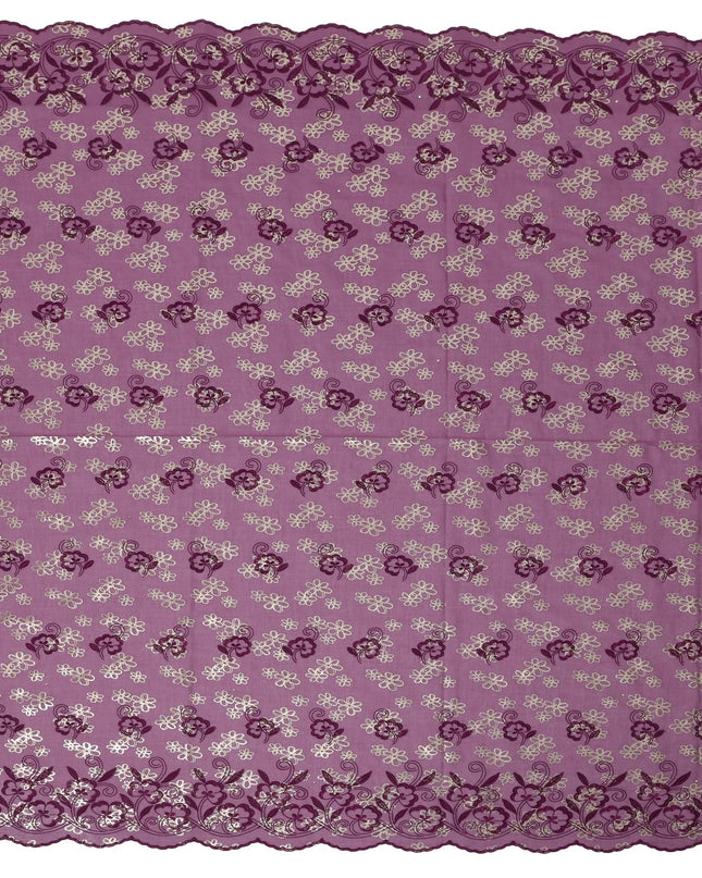 Mauve Premium Swiss Cotton Voile Sudanese Thobe Fabric with Maroon Embroidery and Silver Accents, 4.5 Meters X 140 Cms-D21637