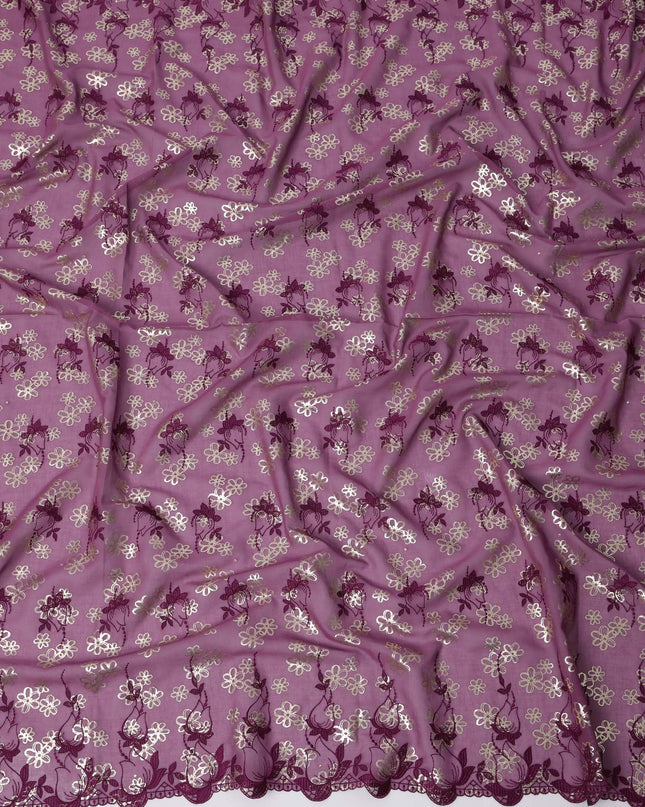 Mauve Premium Swiss Cotton Voile Sudanese Thobe Fabric with Maroon Embroidery and Silver Accents, 4.5 Meters X 140 Cms-D21638