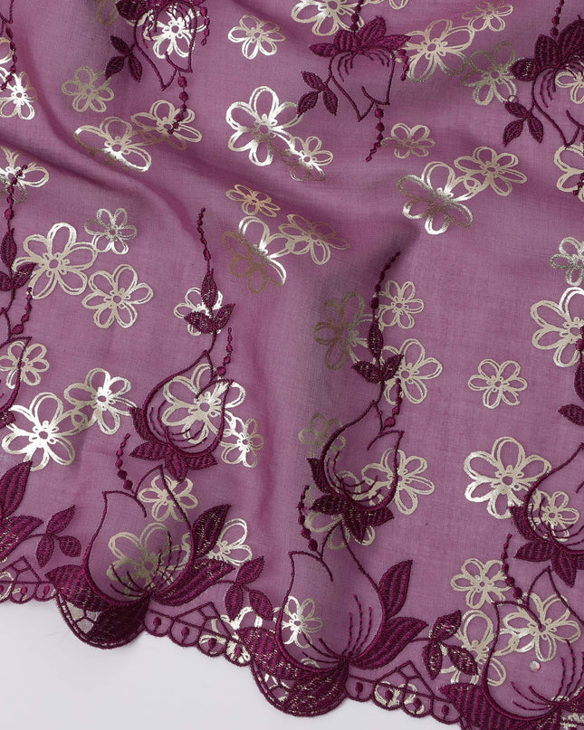 Mauve Premium Swiss Cotton Voile Sudanese Thobe Fabric with Maroon Embroidery and Silver Accents, 4.5 Meters X 140 Cms-D21638