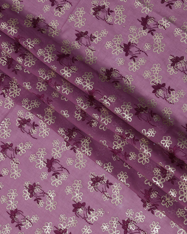 Mauve Premium Swiss Cotton Voile Sudanese Thobe Fabric with Maroon Embroidery and Silver Accents, 4.5 Meters X 140 Cms-D21638