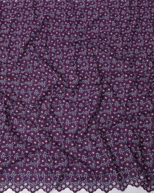 Dark Purple Premium Swiss Cotton Voile Sudanese Thobe Fabric with White and Yellow Embroidery, 4.5 Meters X 140 Cms-D21639