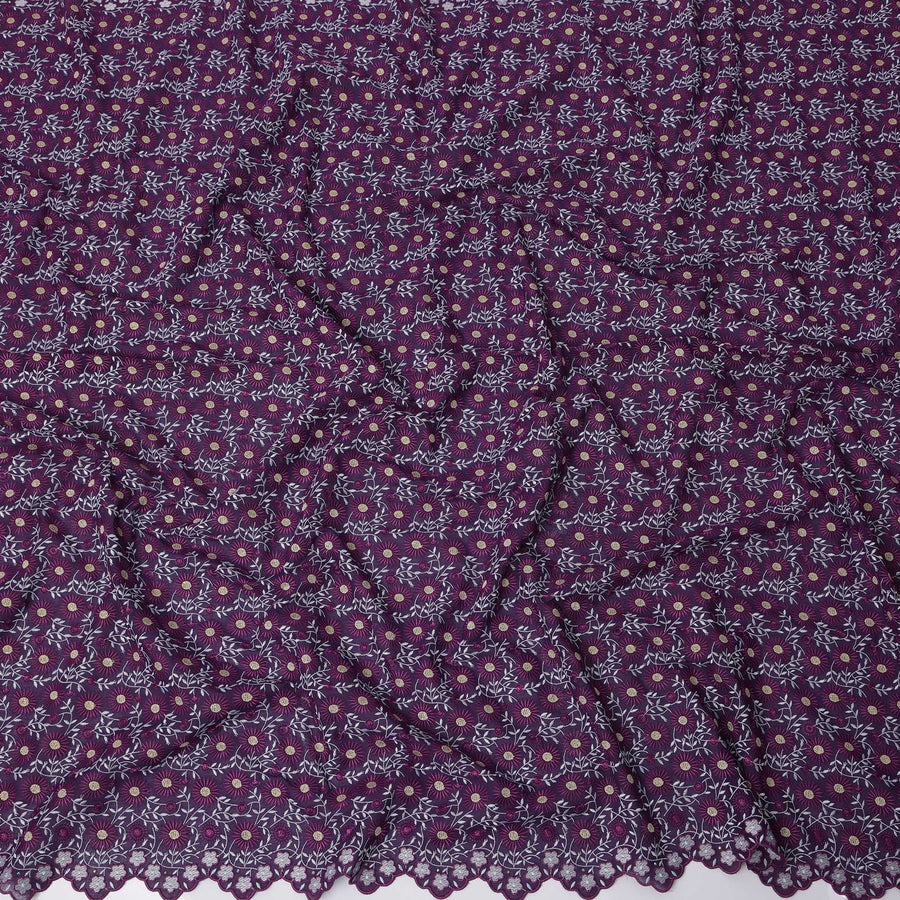 Dark Purple Premium Swiss Cotton Voile Sudanese Thobe Fabric with White and Yellow Embroidery, 4.5 Meters X 140 Cms-D21639