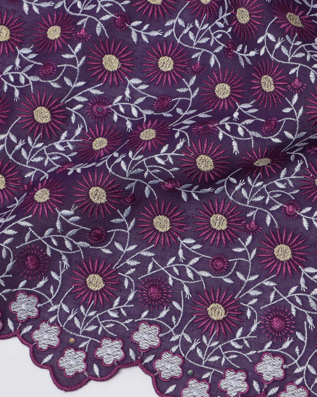 Dark Purple Premium Swiss Cotton Voile Sudanese Thobe Fabric with White and Yellow Embroidery, 4.5 Meters X 140 Cms-D21639