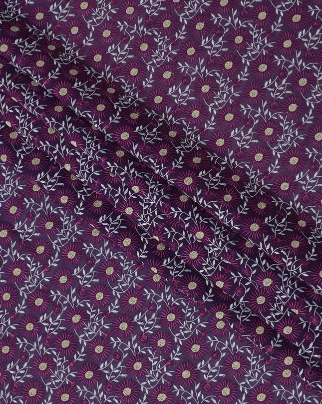 Dark Purple Premium Swiss Cotton Voile Sudanese Thobe Fabric with White and Yellow Embroidery, 4.5 Meters X 140 Cms-D21639