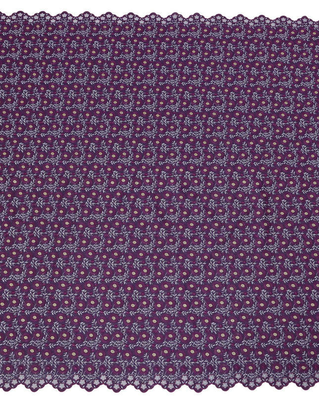 Dark Purple Premium Swiss Cotton Voile Sudanese Thobe Fabric with White and Yellow Embroidery, 4.5 Meters X 140 Cms-D21639