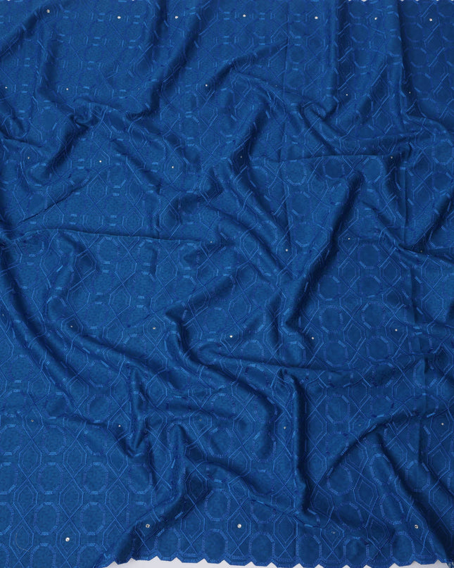 Royal Blue Premium Swiss Cotton Voile Sudanese Thobe Fabric with Embroidery and Stone Work, 4.5 Meters X 140 Cms-D21640