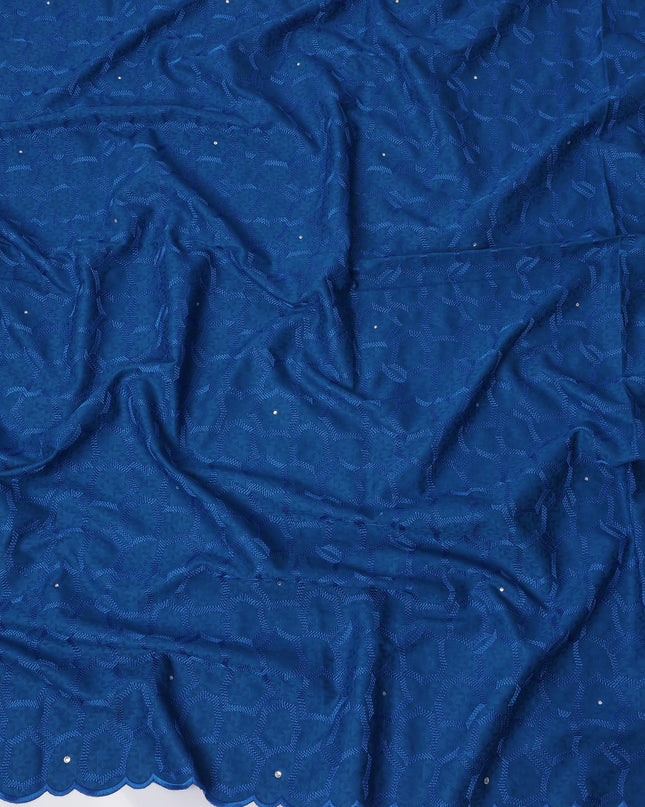 Royal Blue Premium Swiss Cotton Voile Sudanese Thobe Fabric with Embroidery and Stone Work, 4.5 Meters X 140 Cms-D21641