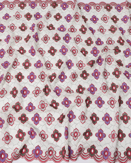 White Premium Swiss Cotton Voile Sudanese Thobe Fabric with Red and Purple Embroidery, 4.5 Meters X 140 Cms-D21643